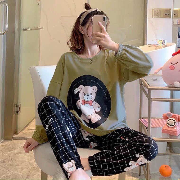 Bộ đồ dành cho nữ,in hình gấu dễ thương,chất vải mềm mịn thoải mái, bộ đồ áo dài tay quần dài phù hợp mặc ở nhà,đi chơi
