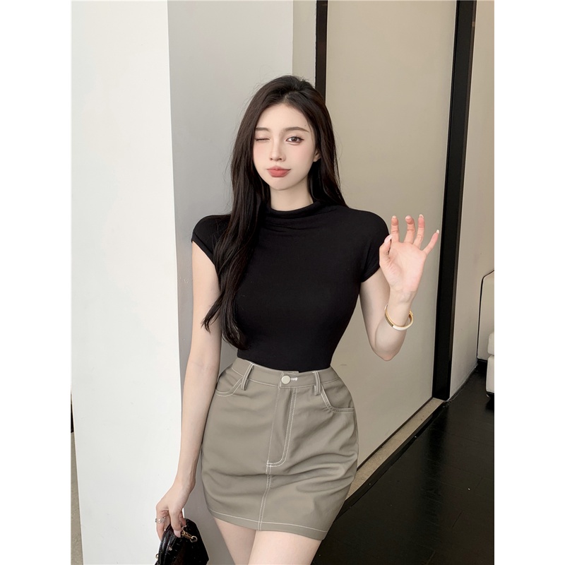 Áo Thun Nữ Ngắn Tay Cổ Cao Thời Trang Hàn