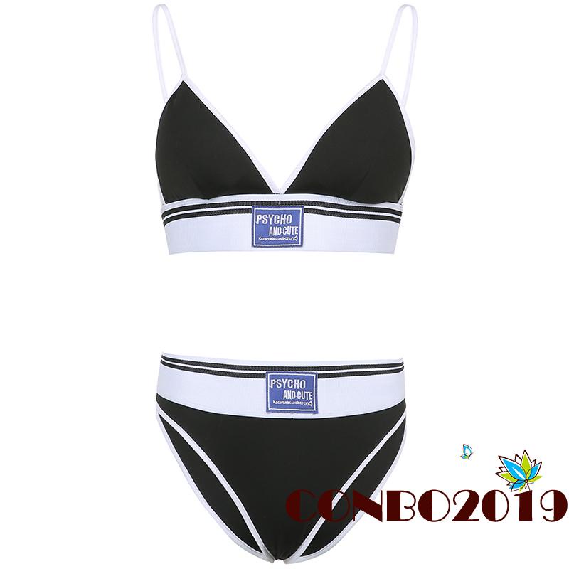 HGM-2Pcs Women Underwear Suit, Letters Embroidery Spaghetti Strap Bra + High-Waist Briefs for Girls, Black