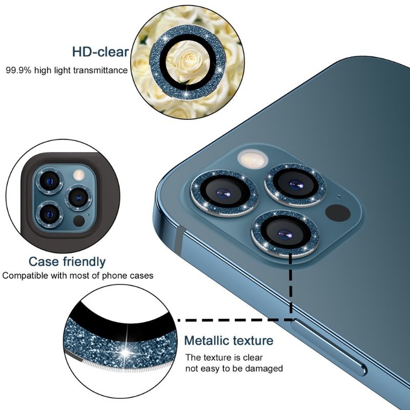 Bộ 3 dán mắt camera kim cương nhũ titan cho iPhone 13 , 13 Mini, 12, 12 Pro, 12 Pro Max,11 pro max,11,11 pro