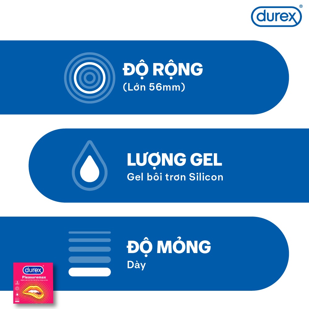 Bao cao su Durex Pleasuremax gân gai tăng khoái cảm, size 56mm, hộp 3 bao