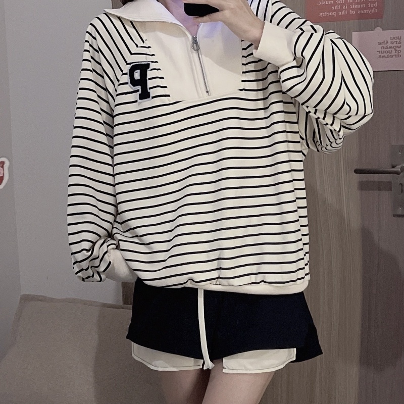 ZHELIHANGFEI Áo Nỉ Tay Dài Cổ POLO Có Khóa Kéo Họa Tiết Kẻ Sọc Thêu Họa Tiết Phong Cách Preppy