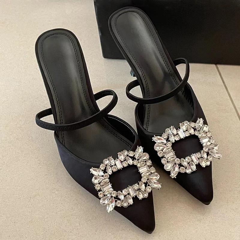 Dép cao gót da lộn mũi nhọn màu đen đính đá phong cách Pháp sang trọng thời trang 2022 cho nữ