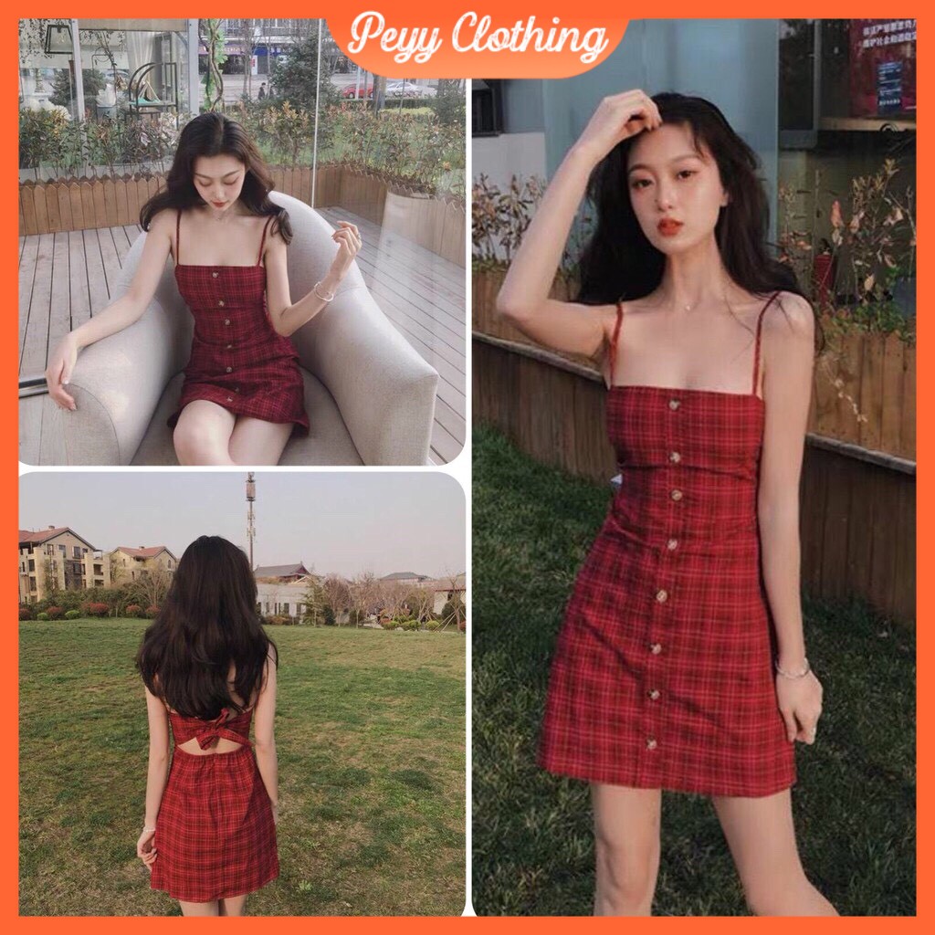 Váy 2 dây body 💖 Đầm body 2 dây phối khuy ulzzang Hàn Quốc V19 - Peyy Clothing