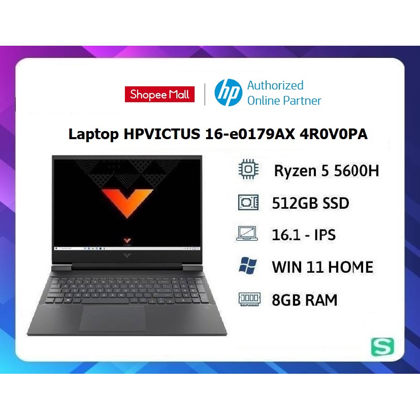 Laptop HP VICTUS 16-e0179AX 4R0V0PA (R5-5600H/ 8GB/ 512GB SSD/ 16.1FHD, 144Hz/ Win 11/ Black)