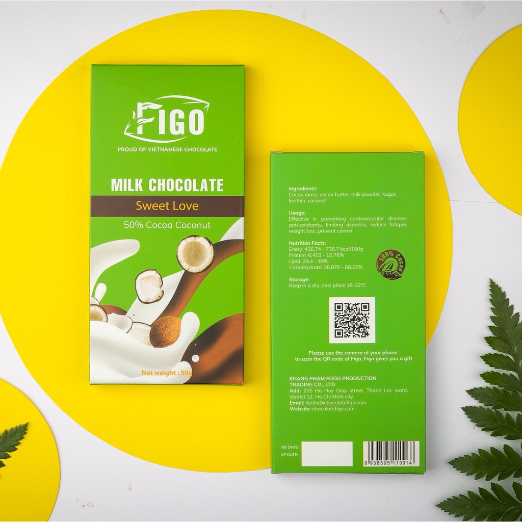 Combo tiết kiệm 4 Socola sữa 50% cacao có hạt Hạnh nhân, Hạt điều, Dừa, Hạt cacao Figo 50g