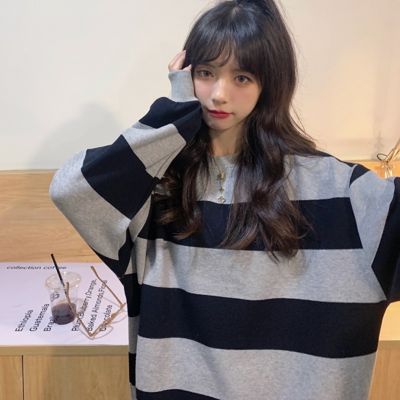 Áo sweater tay dài cổ tròn kẻ sọc thời trang retro cá tính