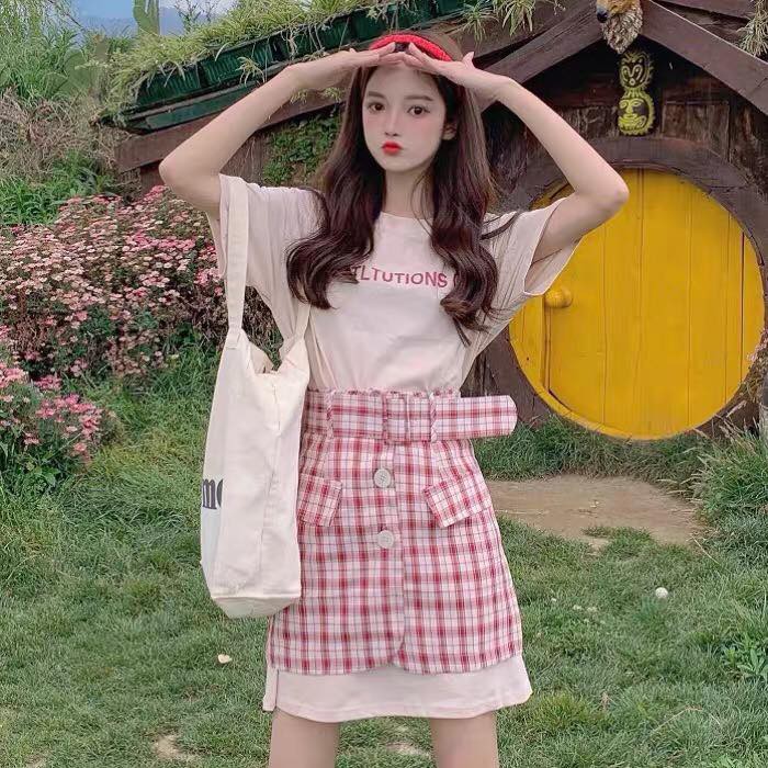 Set áo thun cổ tròn tay ngắn + váy ngắn sọc caro lưng cao nịch eo ulzzang ( 2 màu )