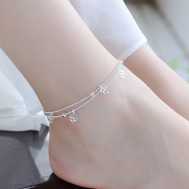Lắc chân cỏ 4 lá may mắn xi bạc trắng sáng dễ thương phụ kiện trang sức style hàn quốc - namimi