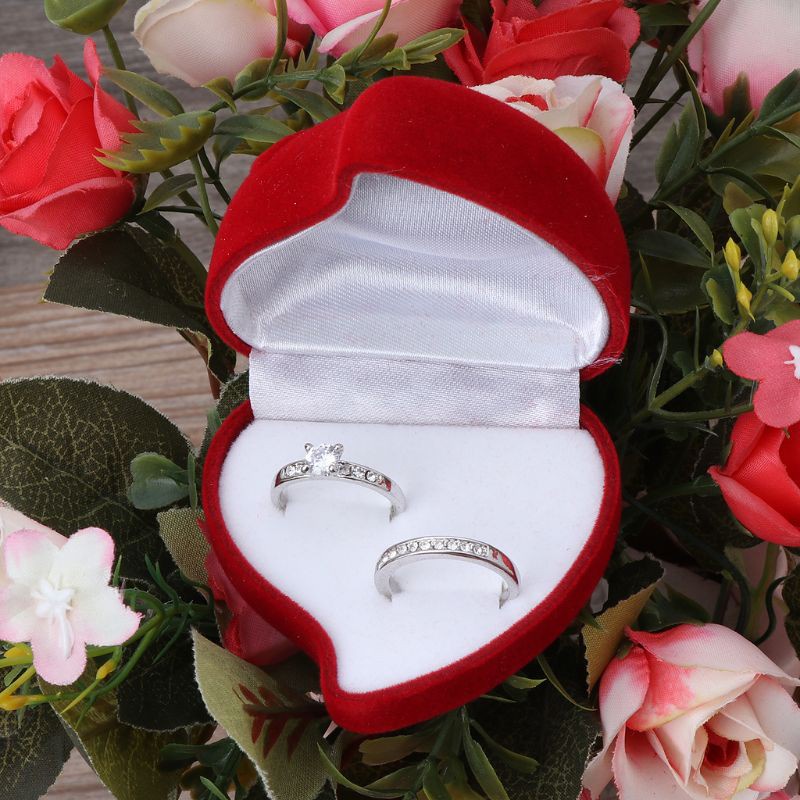 KING Double Wedding Rings Box Velvet Heart Shape Red Rose Flower Box Jewelry Display