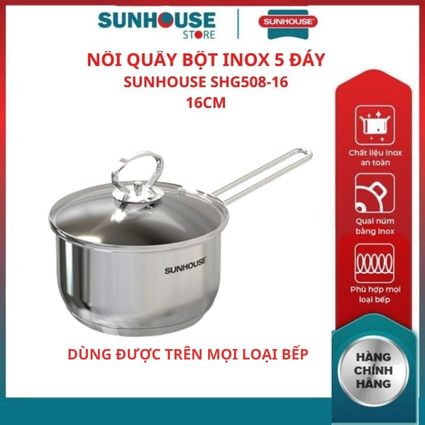 (HCM) Nồi quánh quấy bột 5 đáy SHG508-16 SUNHOUSE 16cm Cấu tạo 5 lớp đáy tỏa nhiệt đều giữ nhiệt tốt chống cháy khét