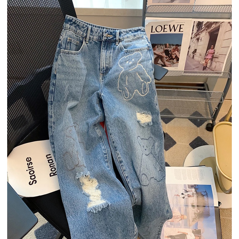 Cartoon Embroidery Bear Hole Straight Jeans Women Summer New Korean Loose Student High Waist Trousers
