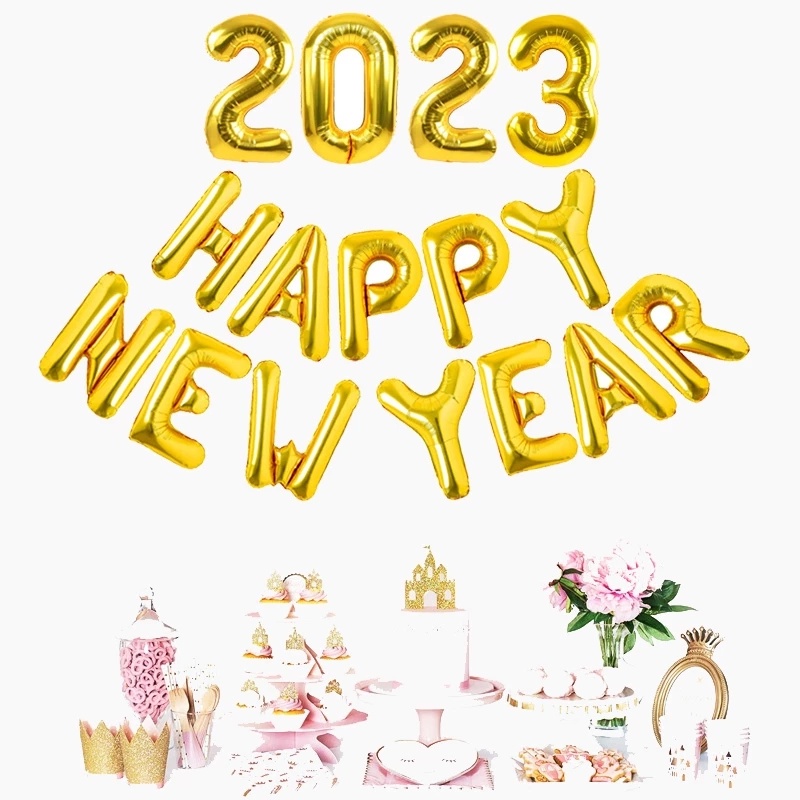 Bong Bóng Màng Nhôm In Chữ Happy New Year 2023 Dùng Trang Trí Tường / Phông Nền Tiệc Gia Đình