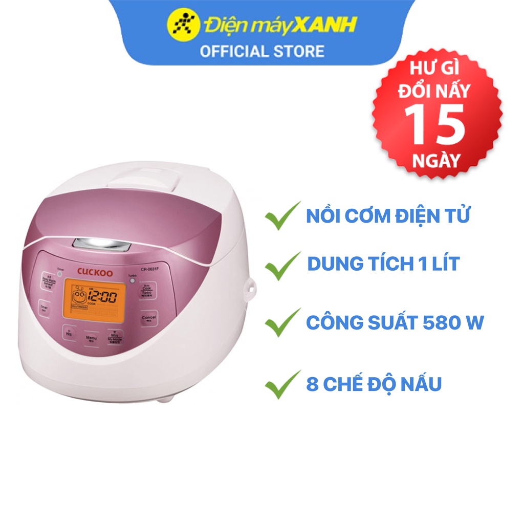 Nồi cơm điện tử Cuckoo CR- 0631F 1 lít  580 W lòng nồi chống dính - Chính hãng BH 24 tháng - Sản xuất tại Hàn Quốc