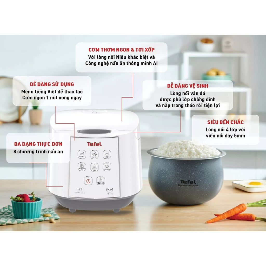 Nồi cơm điện tử nắp gài Fuzzy Logic 1.8L Tefal Easy Rice RK733168 750W - Hàng chính hãng