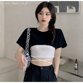 Set áo 2 món croptop phối áo chéo dây eo