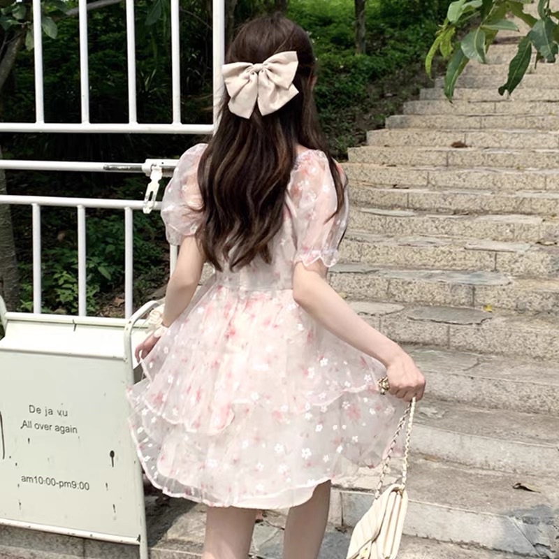 🌷 Váy Hoa Nhí Hồng Dáng Xoè Tầng Tay Phồng Thắt Dây Tiểu Thư Xinh Xắn