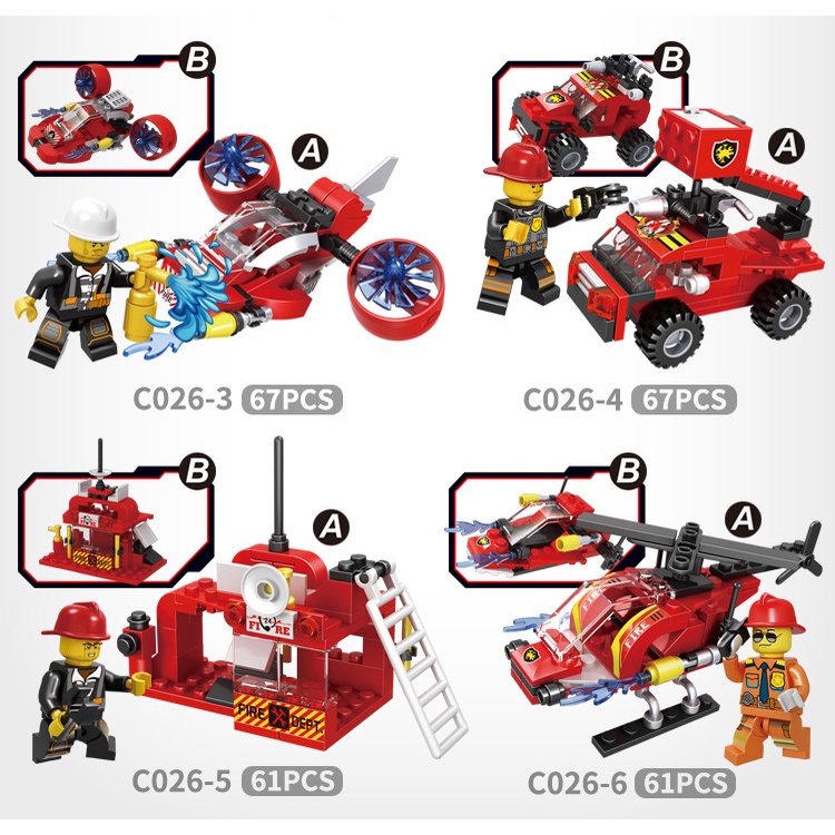 Bộ Đồ Chơi Lego Xếp hình Cứu Hỏa 6 mẫu Xe oto tùy chọn Cho Bé luyện Tư duy sáng tạo