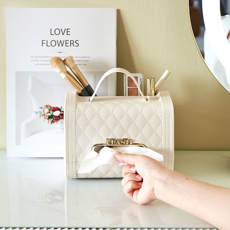 Hộp đựng khăn giấy dạng rút hình túi xánh có quai và khe đựng vật dụng cá nhân tiện lợi