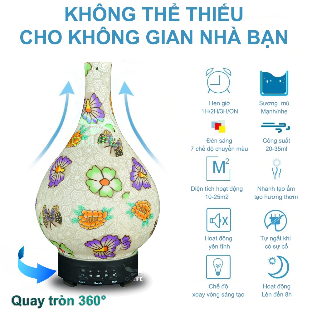 Máy Xông Tinh Dầu Bình Hoa 150ml GULIFE - BH-62M, Kèm Quà Tặng, Cân Bằng Độ Ẩm &amp; Làm Thơm Phòng  – BH 12 Tháng