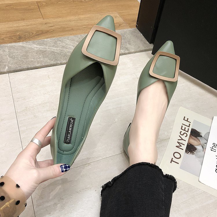 D46- giày bệt nữ mũi nhọn, giày búp bê da mềm hàng Quảng Châu