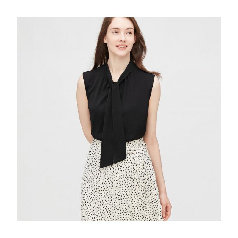 Áo sơ mi cổ nơ sát nách vải bóng nhẹ (UNIQLO Nhật chính hãng- Nữ)