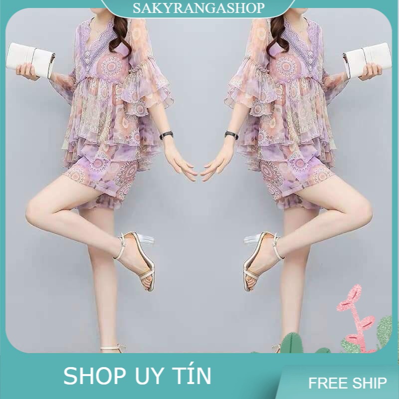 HÀNG NHẬP - SÉT SHORT ÁO TẦNG CỔ V REN PHỐI NÚT ĐÁ TAY LOE