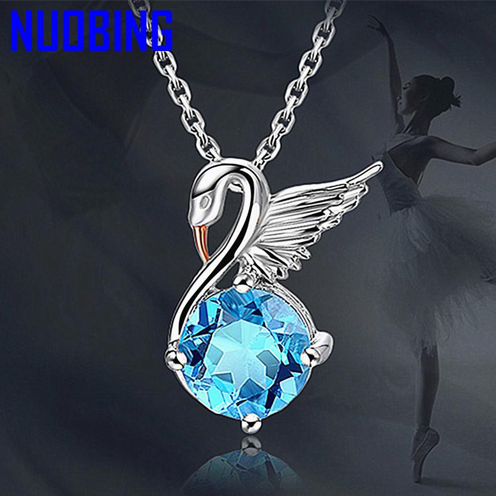 Fashion Swan Blue Crystal Aquamarine Gemstones Diamonds Pendant Necklaces For Women White Gold Silver Color Choker Chain Jewelry|Pendants|