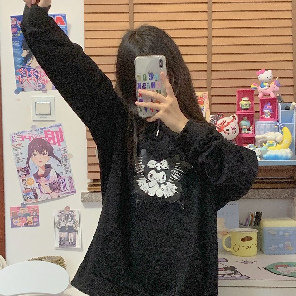 > Áo Nỉ Nhật Bản > Áo Khoác Dày Dặn Phong Cách Học Sinh Nhật Bản In Hình Kuromi Màu Tối Thời Trang Thu Đông