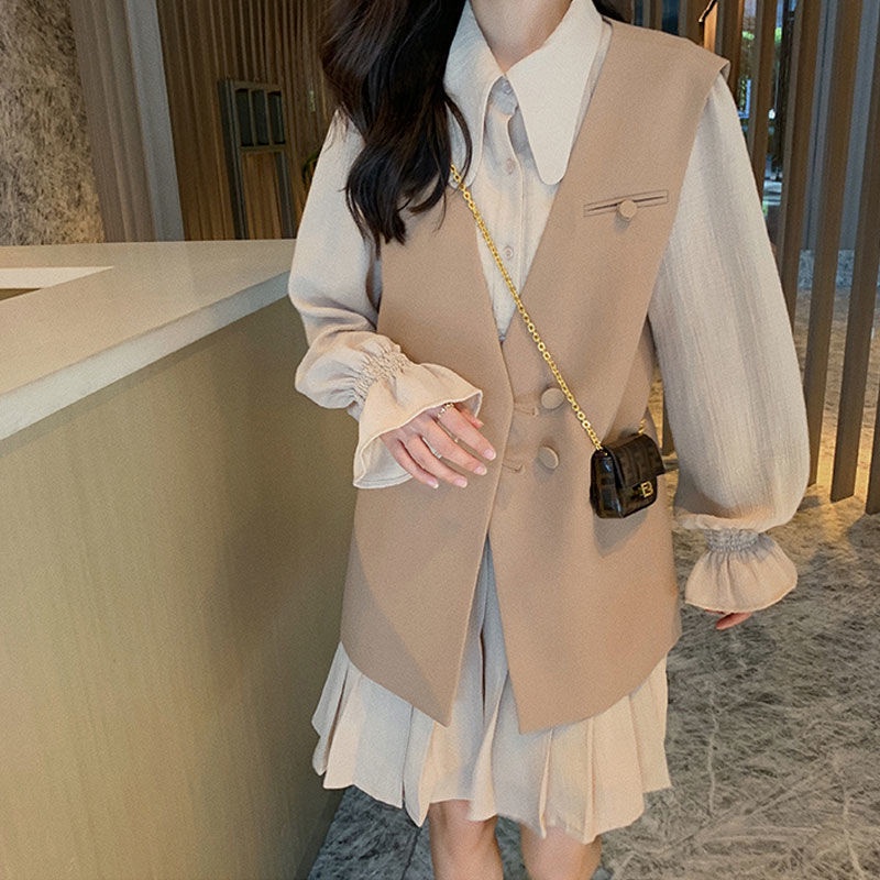 Set Đồ Công Sở 2 Món Gồm Áo Sơ Mi Dáng Rộng Cài Nút + Đầm Xếp Ly Thời Trang Xuân Thu 2022 Cho Nữ