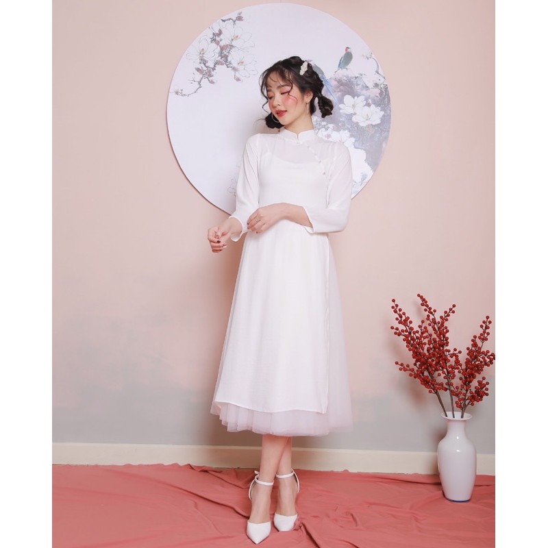 ÁO DÀI TẾT - PURITY AODAI - ÁO DÀI CÁCH TÂN TRẮNG TAY DÀI CỔ TRỤ