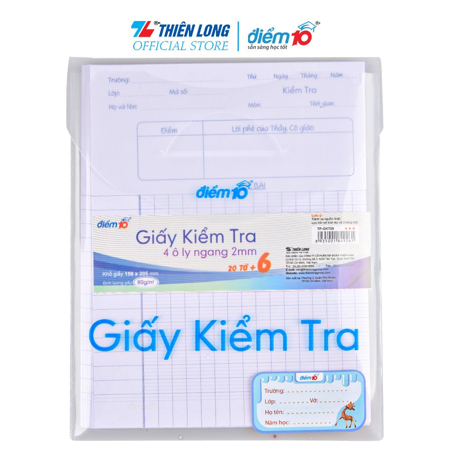 Giấy kiểm tra Thiên Long Điểm 10 TP-GKT09 - 4 ô ly ngang (20 đôi + 6 tờ đơn)