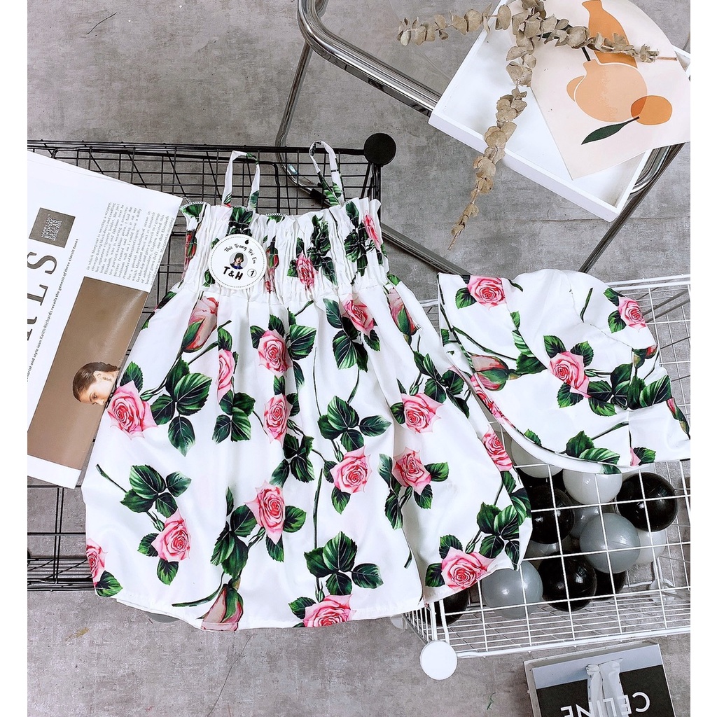 Váy 2 dây hoa hồng KÈM MŨ xinh cho bé gái - VHHKM