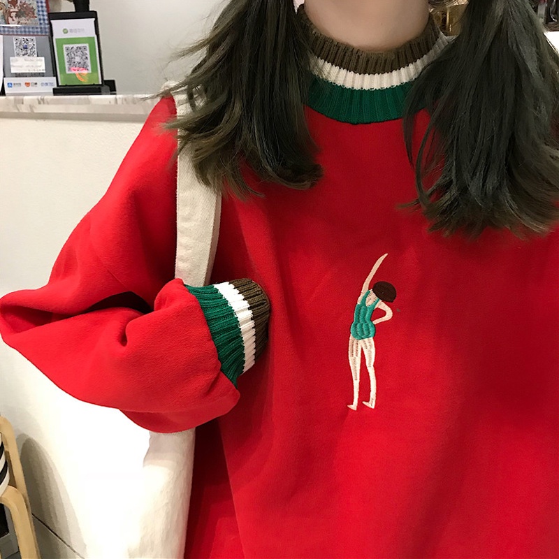 Áo sweater tay dài dáng rộng thêu họa tiết thời trang cho nữ