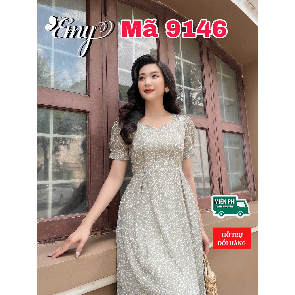 Váy EMY EM9146 Nữ Dạo Phố Xòe Xanh Hoa Nhí Có Túi