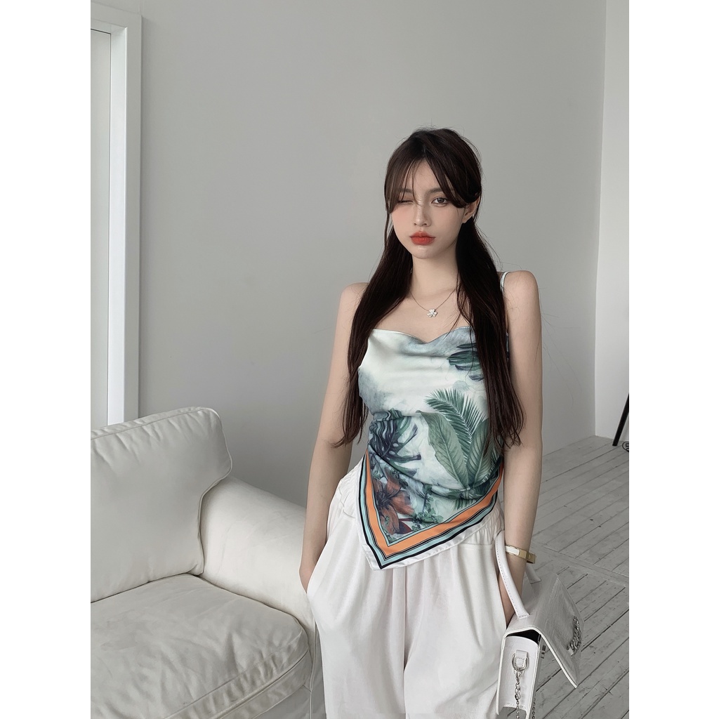 Áo croptop khăn lụa cột nơ hoa văn xanh HAC130 Hỉn Hỉn Store