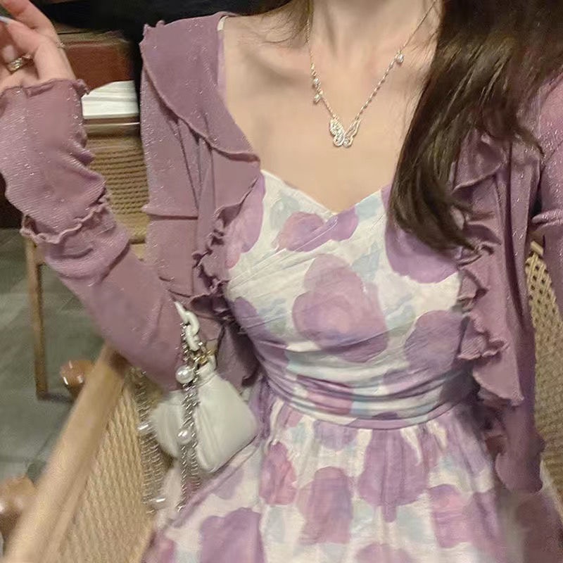 COZOKC COZOK Áo cardigan dệt kim COZOK tay dài phối bèo kiểu dáng thời trang