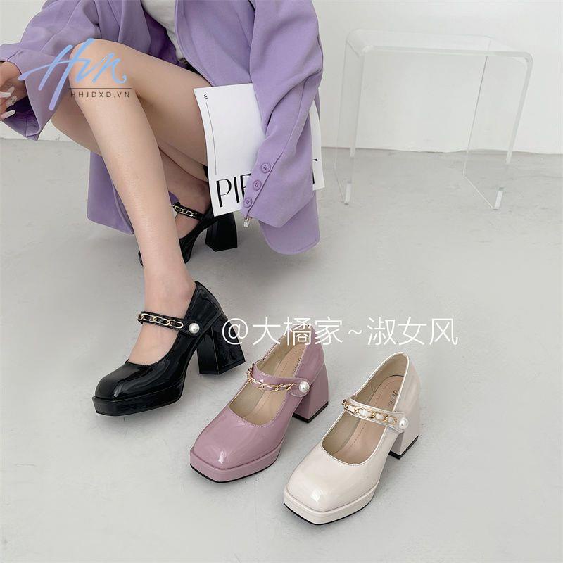 Giày Cao Gót Mũi Vuông Đế Dày Màu Tím Phong Cách Retro Pháp Thời Trang Mùa Xuân 2022 Mới Cho Nữ