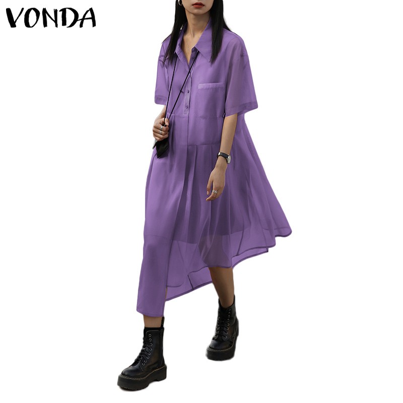 VONDA Women Two Piece Turn Down Collar Short Sleeve Button Dress