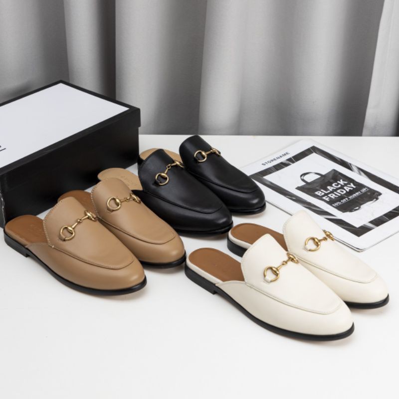 giày sục lười loafer nam nữ da thật mũi tròn quai ngang gắn xích Gucci GC