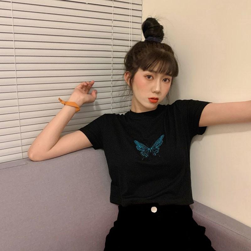 Áo Thun Tay Ngắn Thêu Hình Bướm Phong Cách Retro Hàn Quốc