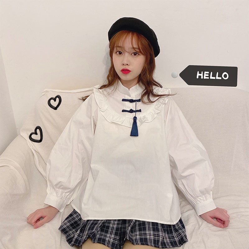 Áo Sơ Mi Trắng Tay Dài Cổ Đứng Dáng Rộng Cài Khóa Thời Trang Cho Bạn Gái