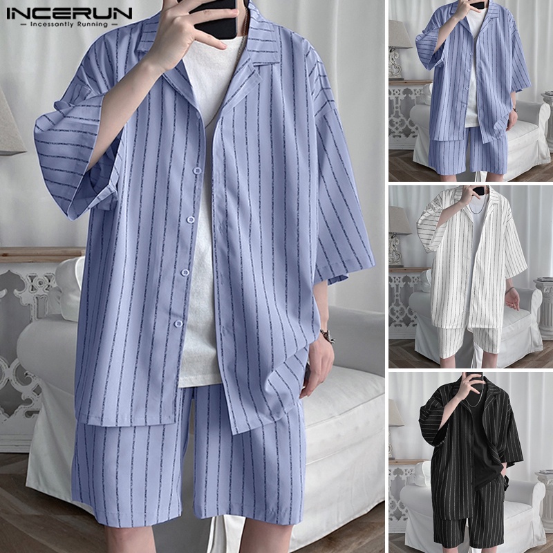 Set trang phục INCERUN với áo sơ mi kẻ sọc ngắn tay và quần ngắn lưng thun thời trang cho nam