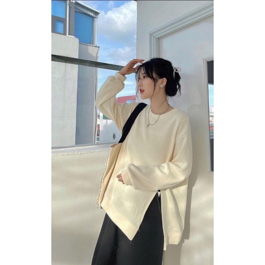 Áo sweater nữ cổ tròn xẻ tà trơn  Form rộng dài tay,áo sweate màu (đen,hồng,trắng kem) | BigBuy360 - bigbuy360.vn