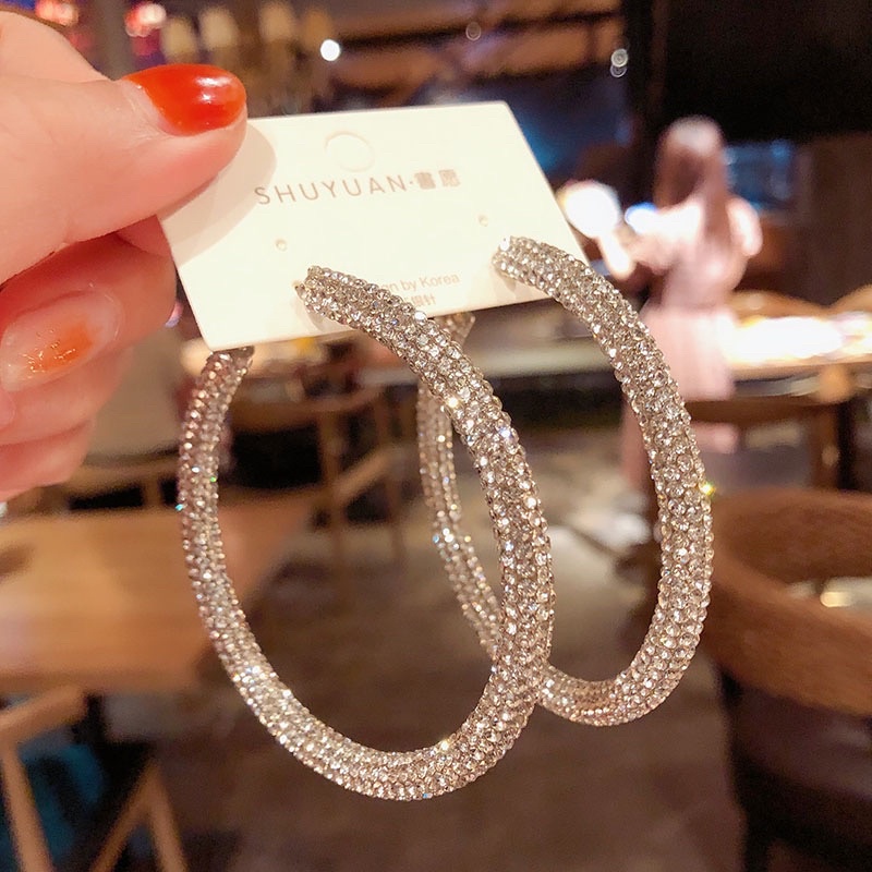 bông tai tròn đính đá sang chảnh, khuyên tai full đá phong cách hàn quốc