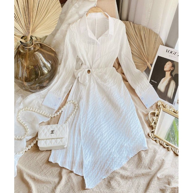 ĐẦM CỔ SƠMI TRẮNG CHÍT EO LỆCH TÀ🌸video thật shop quay D2205A