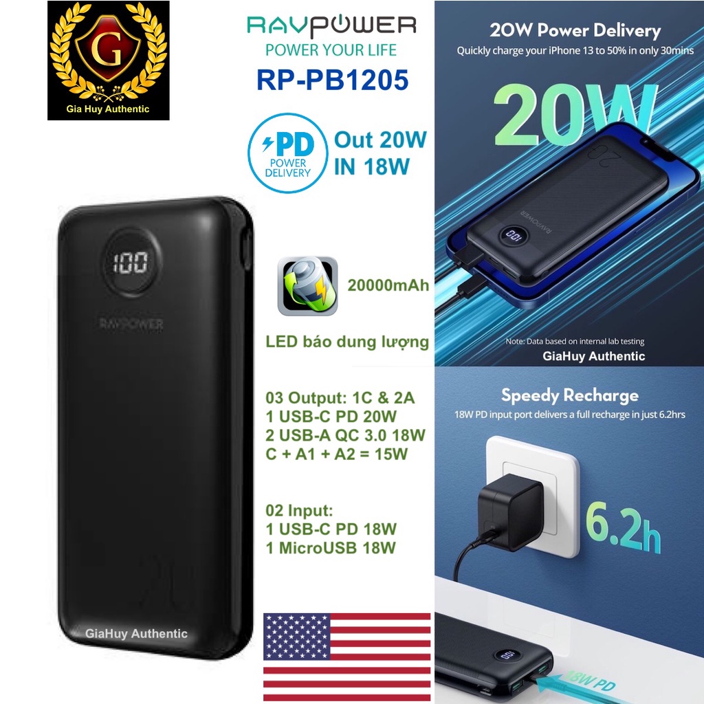 Pin sạc dự phòng cho iP12 Series, iP13 Series, S10, A71, Note 10 RAVPower RP-PB1205 Pioneer 20000mAh
