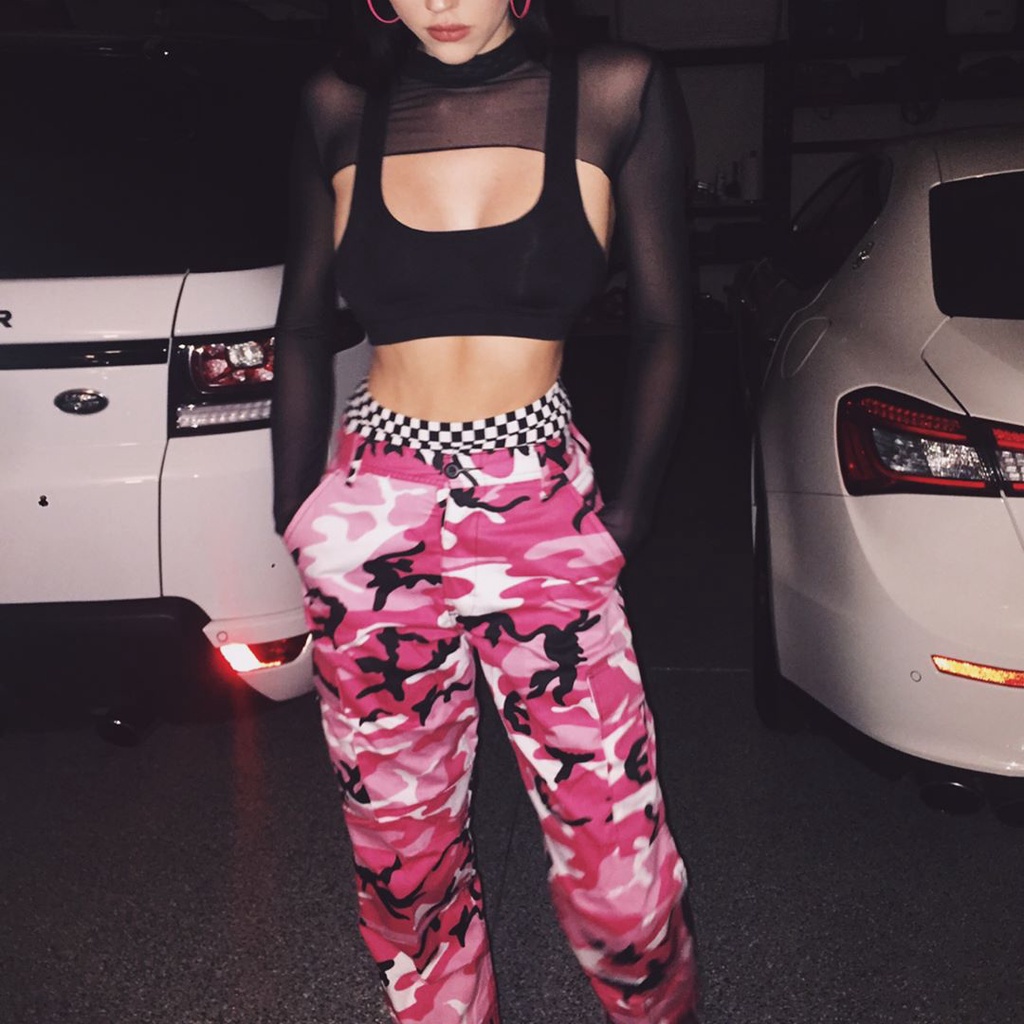 Áo croptop hở ngực ren lưới body đen dài tay hip hop sexy Châu Âu