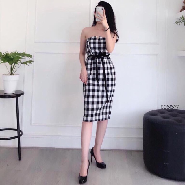 Đầm body caro cúp ngực - 377