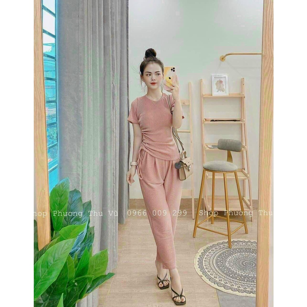 Set đồ nữ đẹp ⚡𝙎𝙄𝙀̂𝙐 𝙎𝘼𝙇𝙀⚡ Set Bộ Áo Rút Dây Hông Kèm Quần Dài, Chất For Mặc Thoải Mái - 80050